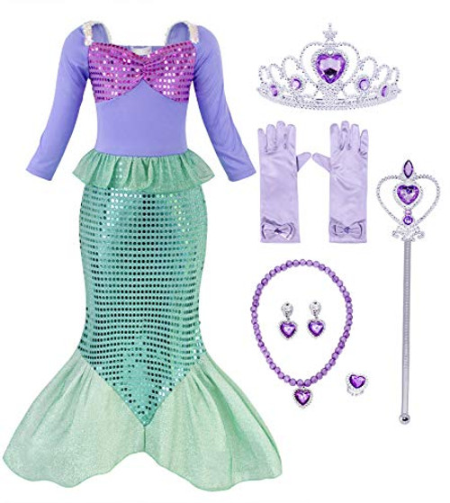 AmzBarley Mermaid Costume for Girls Princess Birthday Outfit Fancy Theme Party Cosplay Sequin Tails Clothes Halloween Role Play Holiday Carnival Dress Up with Accessories Size 8(6-7Years)