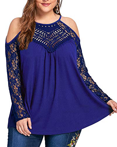 GAMISS Women's Casual Plus Size Tops Off Shoulder Lace Long Sleeve Loose Summer Shirts Blouse Royal Blue 5XL