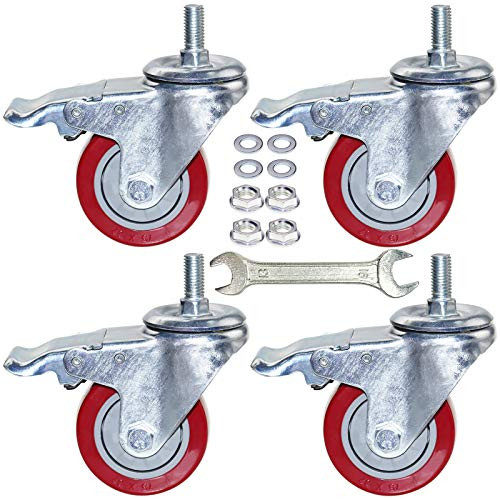DICASAL 3 Inch Heavy Duty Stem Casters 360 Degree Swivel Thread Wheels with Metric Size M12-1.75 Screw Bolt Double Locking Brake Castor Wheel Load Capacity upto 900 Lbs Pack of Four