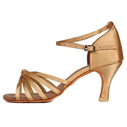 DKZSYIM Women's Beige Satin Latin Dance Shoes Ballroom Performance Shoes,Model 217-7,6.5 B(M) US