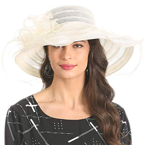 Women's Organza Kentucky Derby Church Dress Hat Fascinator Bridal Wide Brim Tea Party Wedding Hat Beige