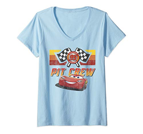 Womens Disney Pixar Cars McQueen Pit Crew Red Distressed V-Neck T-Shirt Womens Disney Pixar Cars McQueen Pit Crew Red Distressed V-Neck T-Shirt