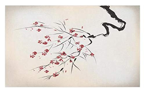 Lunarable Asian Doormat, Ink Style Blossoms Upside Down Brush Painting Effect Illustration, Decorative Polyester Floor Mat with Non-Skid Backing, 30 inch X 18 inch, Coral Black Beige