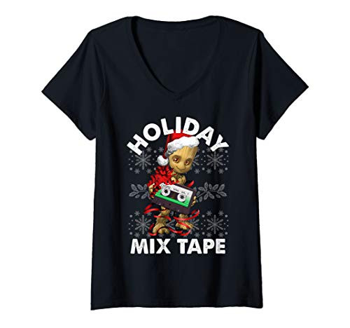 Womens Marvel Guardians Of The Galaxy Groot Mix Tape Christmas V-Neck T-Shirt