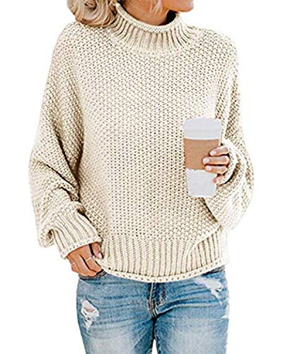 ZANZEA Womens Turtleneck Sweater Oversized Baggy Chunky Knit Pullover Batwing Sleeve Loose Jumper Tops Beige M