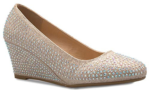 Olivia K Women's Adorable Low Wedge Heel Shoe - Easy Low Pumps - Basic Slip On, Comfort Champagne Glitter