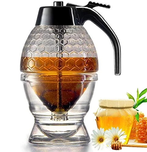 Goandwell Honey Dispenser No Drip Glass - Syrup Dispenser Glass - Beautiful Glass Honey Pot - Handmade Glass Honey Jar with Stand