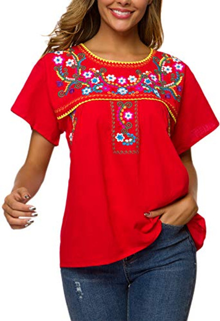 YZXDORWJ Women's Embroidered Mexican Peasant Blouse Mexico Summer Shirt Short Sleeve (M, B169-R)