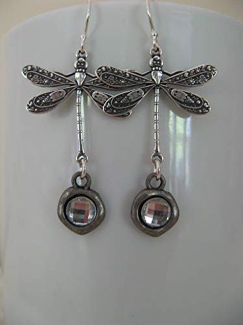 Mixed Metals Dragonfly Rhinestone Earrings on Sterling Silver Wires Boho Artisan Jewelry Mixed Metals Dragonfly Rhinestone Earrings on Sterling Silver Wires Boho Artisan Jewelry