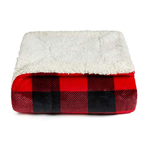 JINGCHENG Buffalo Check Sherpa Fleece Throw Blanket Super Soft Plush Warm Reversible Flannel Blanket for Couch Bed (Checker-Red-Black, Throw(50 inchx60 inch))