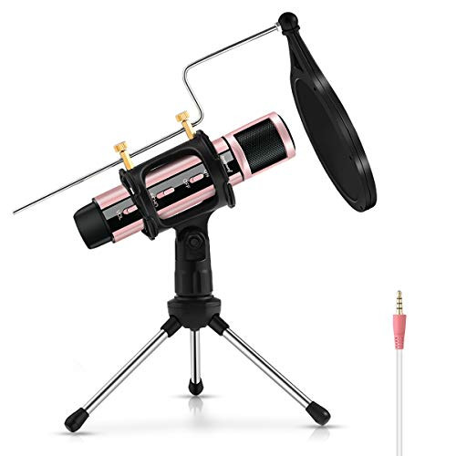 Condenser Microphone,Kexm 3.5mm Recording Microphone Plug Play,Phone Microphone with Filter for Singing Recording,Karaoke,Voice Recording,Podcasting,Skype,YouTube,Games,Google Voice Search (Rose Gold)