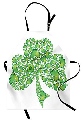 Lunarable Celtic Apron, Irish Shamrock Made with Small Clover Patterns Graphic, Unisex Kitchen Bib with Adjustable Neck for Cooking Gardening, Adult Size, White Green