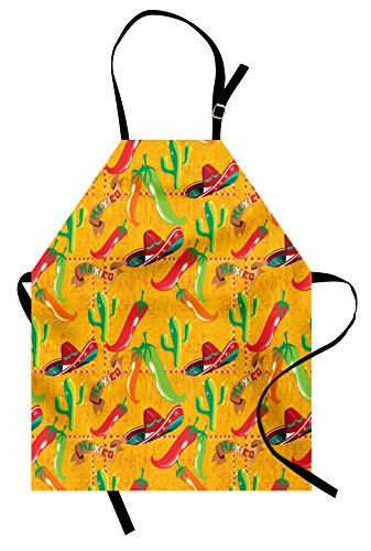 Lunarable Mexican Apron, Elements Cactus Hat and Chili Pepper Pattern Over Grunge Background Print, Unisex Kitchen Bib with Adjustable Neck for Cooking Gardening, Adult Size, Dark Yellow