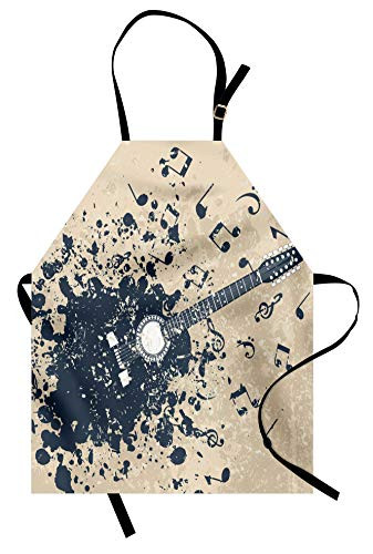 Ambesonne Modern Apron, Acoustic Guitar on Retro Murky Background Music Notes Melody Illustration, Unisex Kitchen Bib with Adjustable Neck for Cooking Gardening, Adult Size, Beige Blue