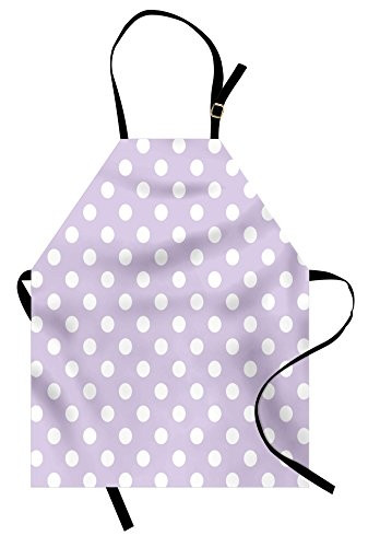 Lunarable Lavender Apron, Big White Polka Dots on Pastel Colored Background Retro Style Pattern Print, Unisex Kitchen Bib with Adjustable Neck for Cooking Gardening, Adult Size, Lavender White