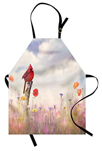 Lunarable Cardinal Bird Apron, Spring Themed Graphic with Wild Field Flowers Cloudy Sky and Avian, Unisex Kitchen Bib with Adjustable Neck for Cooking Gardening, Adult Size, Multicolor