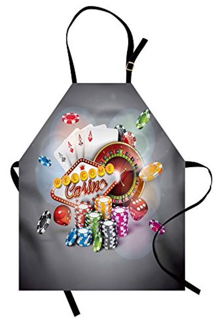Lunarable Poker Tournament Apron, Welcome to Casino Colorful Chips and Cards Dice and Roulette Win Jackpot, Unisex Kitchen Bib with Adjustable Neck for Cooking Gardening, Adult Size, Red Yellow