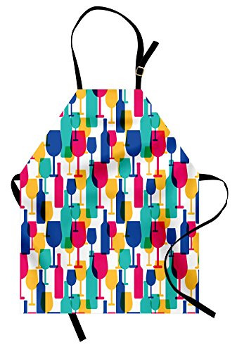 Lunarable Winery Apron, Cocktail Glasses and Wine Bottles Pattern Bar Menu Party Alcohol Drinks, Unisex Kitchen Bib with Adjustable Neck for Cooking Gardening, Adult Size, Magenta Navy