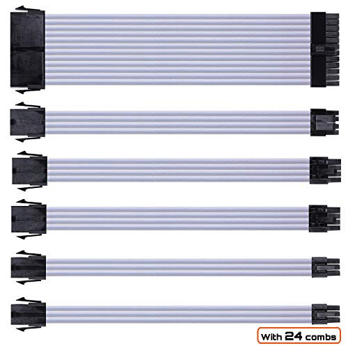 Funtin PSU Sleeved Cable, Braided White ATX EPS PCI-E Cable Extension Kit with Combs for Modular Power Supply 30CM
