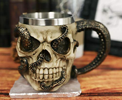 Ebros Shipwrecked Skeleton Cranium Skull With Parasite Octopus Beverage Drinkware Serveware Ossuary Macabre Halloween Decorative Accent (Drinking Mug)
