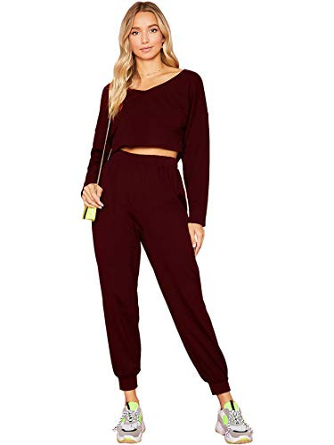 SweatyRocks Women's 2 Pieces Outfits Long Sleeve Crop Top and Sweatpants Jogger Set Burgundy XS