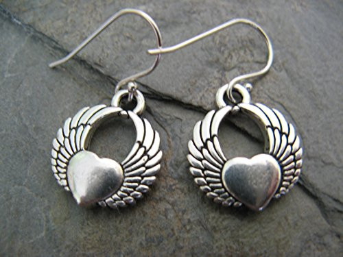 Winged Heart Charm Earrings with Sterling Silver Earring Wires Boho Artisan Jewelry Winged Heart Charm Earrings with Sterling Silver Earring Wires Boho Artisan Jewelry
