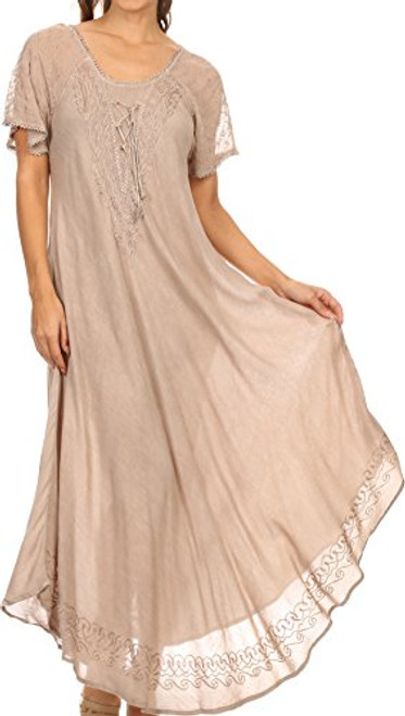 Sakkas 16603 - Egan Long Embroidered Caftan Dress/Cover Up with Embroidered Cap Sleeves - Beige - OS