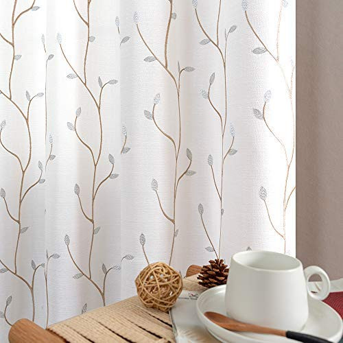 Topick Sheer Curtains for Bedroom Floral Embroidered Sheers for Living Room Embroidery Voile Grommet Top Window Curtain 2 Panels 63 Inches White