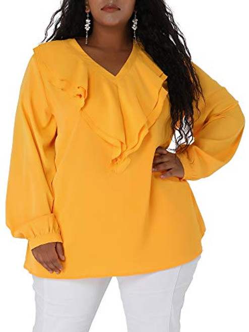 Agnes Orinda Women's Plus Size Top V Neck Boho Chiffon Ruffle Blouse 2X Yellow Agnes Orinda Women's Plus Size Top V Neck Boho Chiffon Ruffle Blouse 2X Yellow