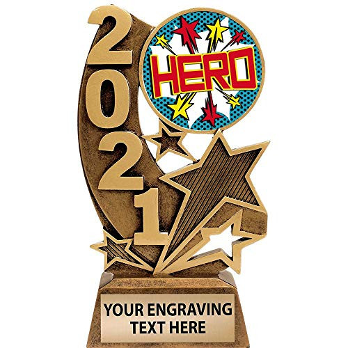 Gold Hero with Stars Trophies, 6 inch 2021 Resin Hero with Stars Trophy Award, Engraving Included Prime