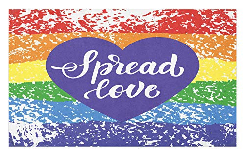 Ambesonne Pride Doormat, Spread Love Inspirational Hand Writing Heart Gay LGBT Parade Slogan Grungy Vibrant, Decorative Polyester Floor Mat with Non-Skid Backing, 30 inch X 18 inch, Multicolor