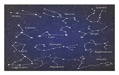 Ambesonne Constellation Doormat, Doodle Chalk Writing Style Zodiac Star Clusters and Sign Names, Decorative Polyester Floor Mat with Non-Skid Backing, 30 inch X 18 inch, Blue Dark Blue White