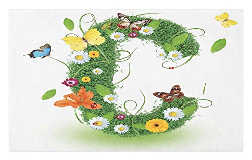 Ambesonne Letter C Doormat, Spring and Summer Inspired Alphabet Design Capital Letter C Writing, Decorative Polyester Floor Mat with Non-Skid Backing, 30 inch X 18 inch, Green Multicolor
