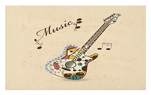 Ambesonne Guitar Doormat, Abstract Funky Guitar Instrument Melody Musical Notes and Hand Writing, Decorative Polyester Floor Mat with Non-Skid Backing, 30 inch X 18 inch, Sand Brown Multicolor