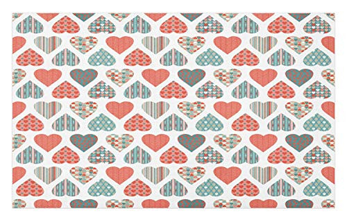 Ambesonne Valentines Doormat, Retro Style up and Down Hearts with Stripes Waves and Checkered Patterns, Decorative Polyester Floor Mat with Non-Skid Backing, 30 inch X 18 inch, Teal Coral White