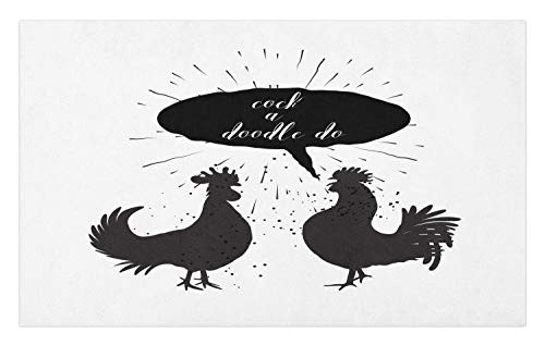 Lunarable Saying Doormat, Monochrome Roosters Cock a Doodle Do Calligraphy Writing in a Speech Bubble, Decorative Polyester Floor Mat with Non-Skid Backing, 30 inch X 18 inch, Black and White