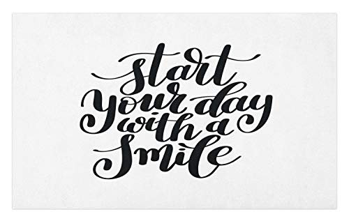 Ambesonne Saying Doormat, Start Your Day with a Smile Lettering Positive Thoughts Monochrome Hand Writing, Decorative Polyester Floor Mat with Non-Skid Backing, 30 inch X 18 inch, Black and White