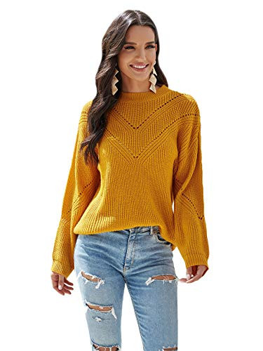Floerns Women's Solid Long Sleeve Crochet Knit Ribbed Sweater Pullover Yellow L