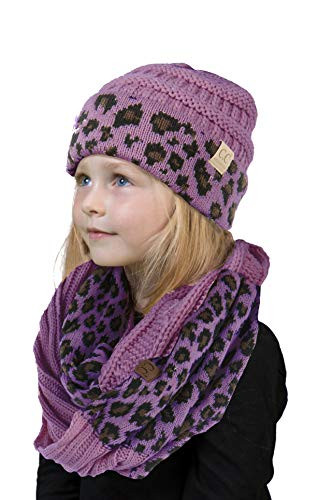Kids Beanie  and  Scarf Bundle (NO pom): Leopard Lavender