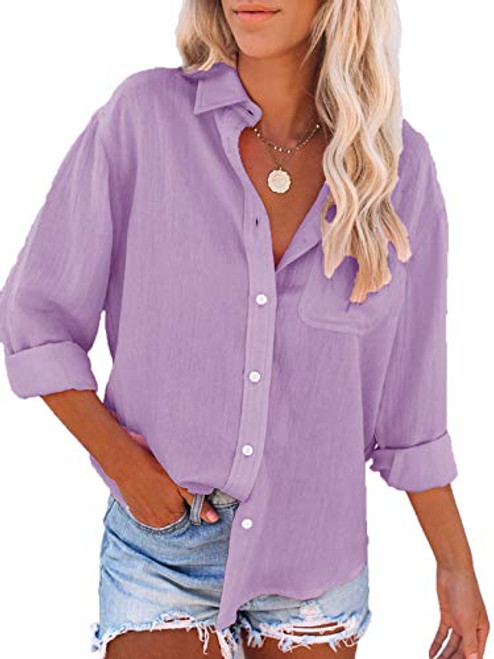 Paintcolors Women's Button Up Shirts Cotton Roll-Up Sleeve Blouses V Neck Casual Tunics Solid Color Tops with Pockets - Lavender033 XXL