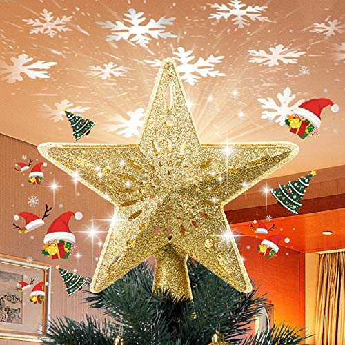 Christmas Tree Topper, Star Tree Topper Lighted Christmas Tree Star Topper with Adjustable Rotating Magic Projector Lights, LED Xmas Snowflake Tree Topper for Christmas Tree Decorations, Gold