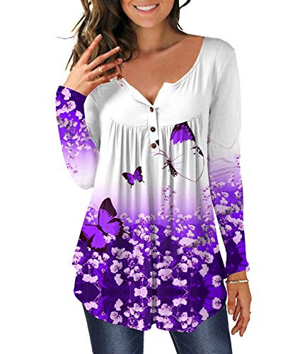 MAYAMANG Women's Floral Tunic Tops Long Sleeve Henley V Neck Buttons Up Casual Blouse Shirt (Purple butterfly, X-Large)