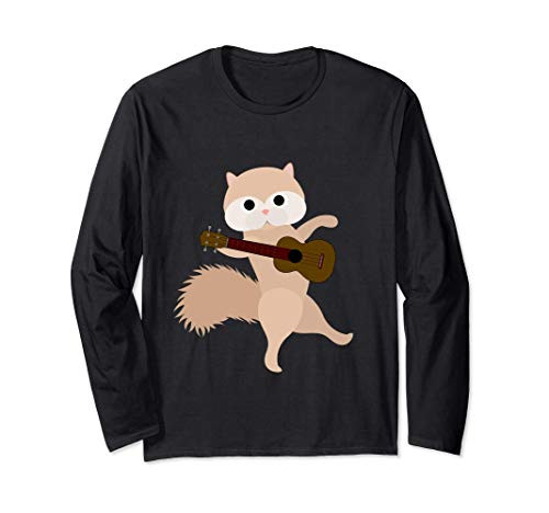White Tan Persian playing Ukulele funny cat lover gift Long Sleeve T-Shirt