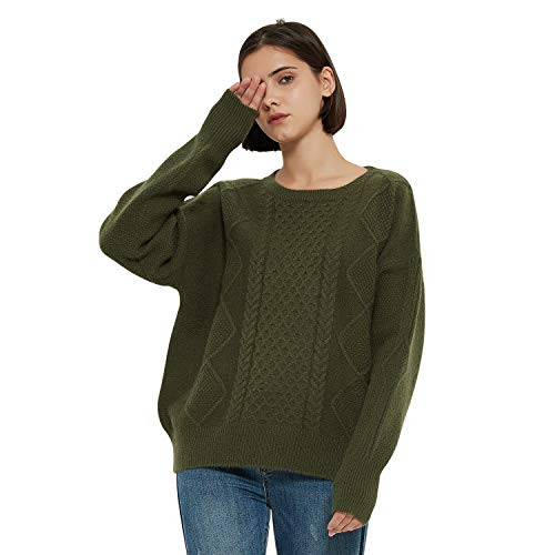 MERRYLIFE Women Crew Neck Knit Sweater Pullover Cable Knit Long-Sleeve Pullover Sweater Warm Top Sweater Jumper for Winter Autumn Green