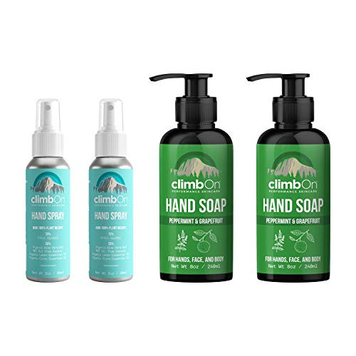 climbOn Hand Spray Waterless Cleaner - Essential Oil Hand Sanitizer 2 oz (2) Bottles and Peppermint  and  Grapefruit Hand Soap 8 oz (2) Bottles (4 Pack)