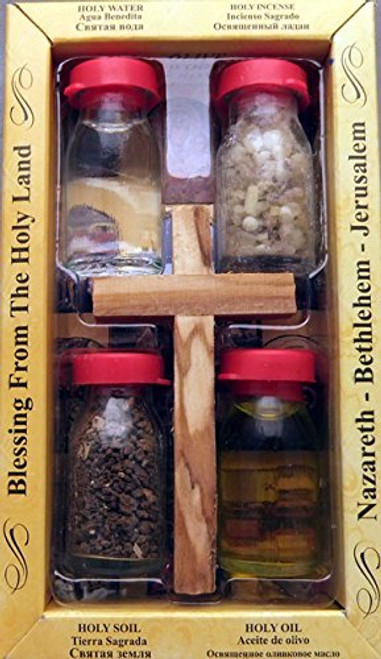 Holy Land souvenir 4 bottle set with a handmade Olivewood cross. All include Holy Earth from Jerusalem, Holy Olive Oil from Bethlehem, Holy Water from the Jordan River and Incense from the Holyland Holy Land souvenir 4 bottle set with a handmade Olivewood cross. All include Holy Earth from Jerusalem, Holy Olive Oil from Bethlehem, Holy Water from the Jordan River and Incense from the Holyland