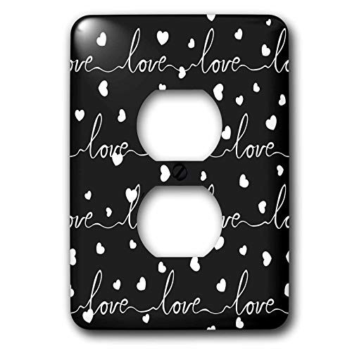3dRose Anne Marie Baugh - Patterns - Black and White Cursive Writing Script Love and Hearts Pattern - 2 plug outlet cover (lsp_317667_6)