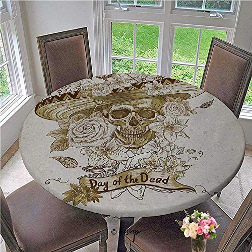 Elastic Tablecloth Wooden Floral Leaves with Mexican Spanish Festival Hat Traditional Print Waterproof Anti-slip Round Table Cloth No Fabric Draping Down for Puppy to Grab Khaki Diameter - 31 Inch