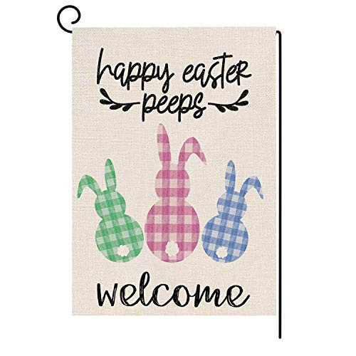 AKETCH Happy Easter Peeps Garden Flag Vertical Double Sided Check Easter Bunny Rabbit House Flag Spring Summer Rustic Farmhouse Yard Outdoor Decoration 12.5 x 18 Inch