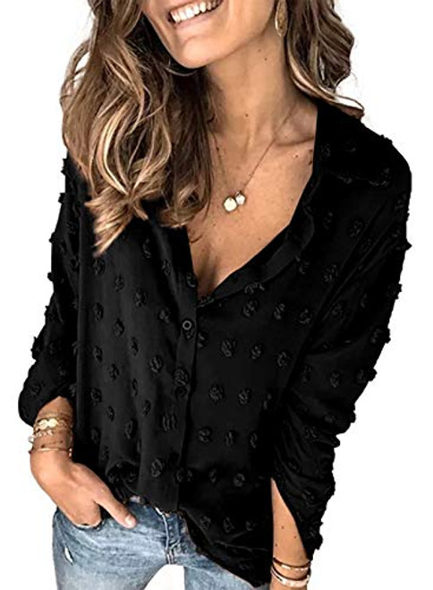 Sidefeel Womens Casual V Neck Swiss Dot Pom Pom Buttom Down Shirt Solid Long Sleeve Chiffon Blouse Tops Black Large